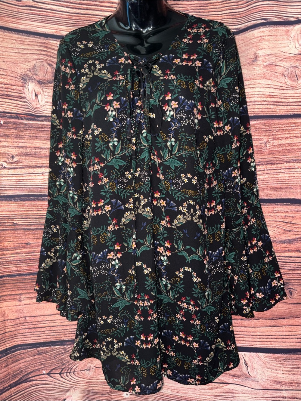 Buddy Love Evelyn Black Floral Tie-Front Long-Sleeve Mini Dress Juniper Floral